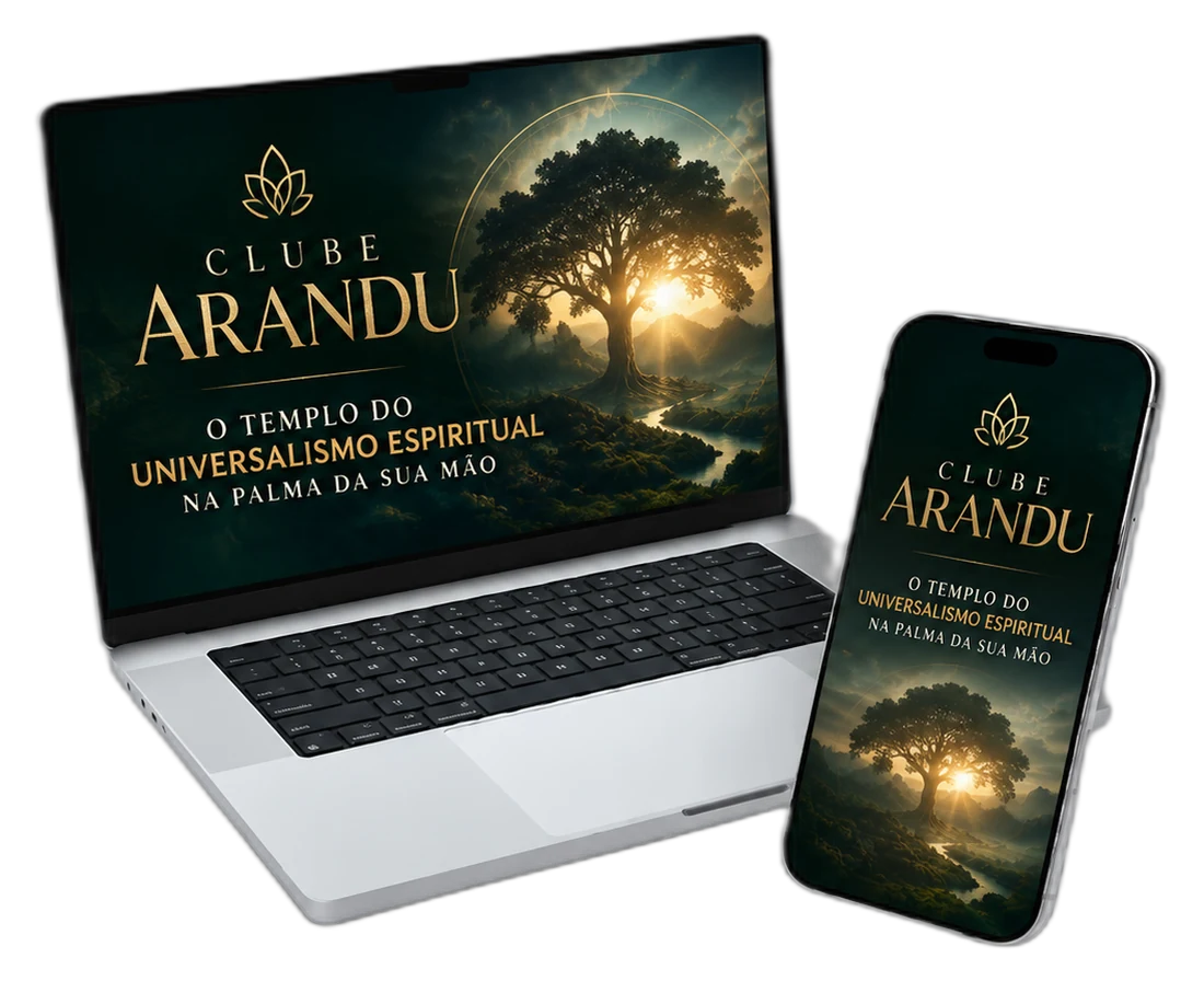 Clube Arandu — O Templo do Universalismo Espiritual na palma da sua mão, mockup em laptop e celular